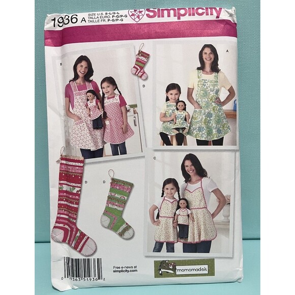 SIMPLICITY PATTERN 1936 APRONS MISSES & GIRLS SIZES S M L + 18" DOLL UNCUT NEW - Picture 1 of 4